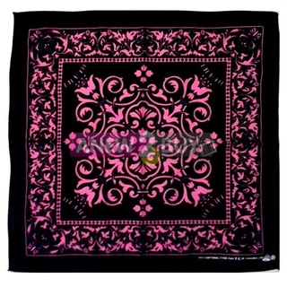 ผ้าลายวินเทจ สีชมพูอ่อน ใช้พันคอหรือโพกหัว (Bandana Vintage Scarf Black Pink)