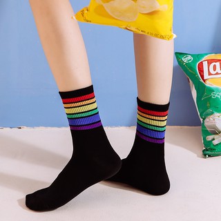 ภาพขนาดย่อของภาพหน้าปกสินค้าCasual Rainbow Striped Crew Socks Cotton Women Black White Mid Calf Girls Korean Style Autumn Sweet Colorful Tube Socks Fashion จากร้าน fontaine.th บน Shopee