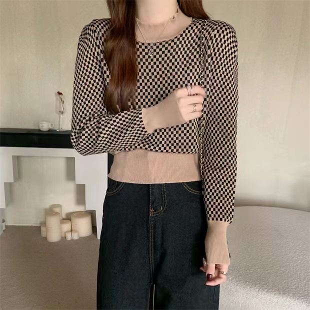 Cicishop(SALE/สุ่มสี 10037)เสื้อแขนยาวไหมพรมknit ทอลายตารางเล็กแบบฮิปส ...