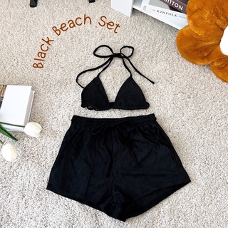 พร้อมส่ง Black Beach Set บิกินี่ กางเกงขาสั้น ชุดเซ็ท ผ้าลูกฟูก ชุดไปทะเล ไม่รวมเสื้อคลุม