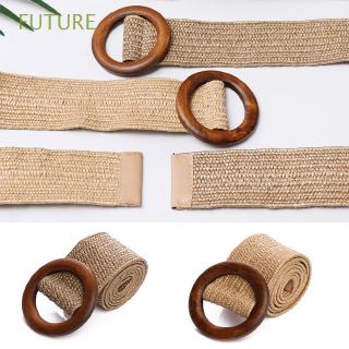 ภาพหน้าปกสินค้าFUTURE Dress Belt Shirt Casual  PP Straw Wide Round Wooden Buckle  Straw Belt ที่เกี่ยวข้อง