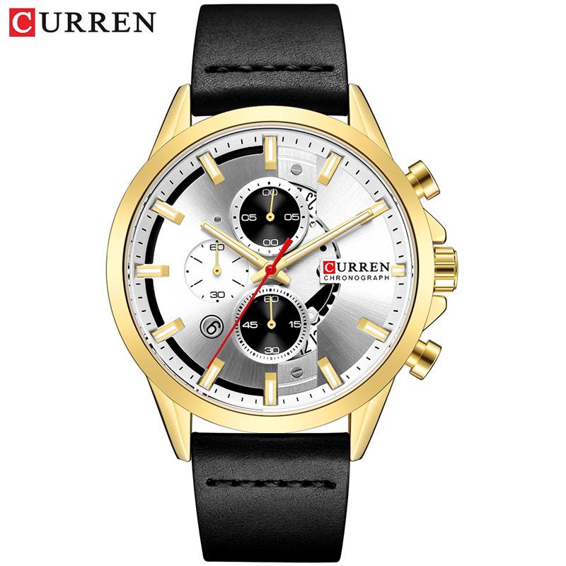 Mens Sports Watch with Chronograph CURREN Leather Strap Watches Fashion Quartz Wristwatch Business Calendar Clock Male