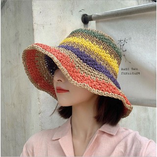 สินค้า หมวกสาน Rainbow (B48) หมวกบัคเก็ต หมวกปีกกว้าง