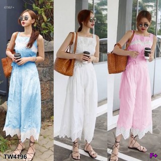 TwinsShopVip💗พร้อมส่ง TW4196 จั้มขายาวแต่งลูกไม้ Long-legged lace-up jumpsuit