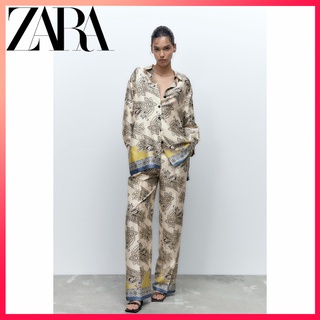 Zara เสื้อเบลาส์ ตัวยาว พิมพ์ลาย + กางเกงขายาว แฟชั่นฤดูใบไม้ร่วง สําหรับผู้หญิง