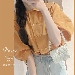 ♦ ﹍ 🍒 S-3XL สีเหลืองใบบัวปกเสื้อสไตล์ตะวันตกย้อนยุคลำลองกระดุมสองแถวสีทึบอารมณ์ทุกการแข่งขันเสื้อแขนสั้น