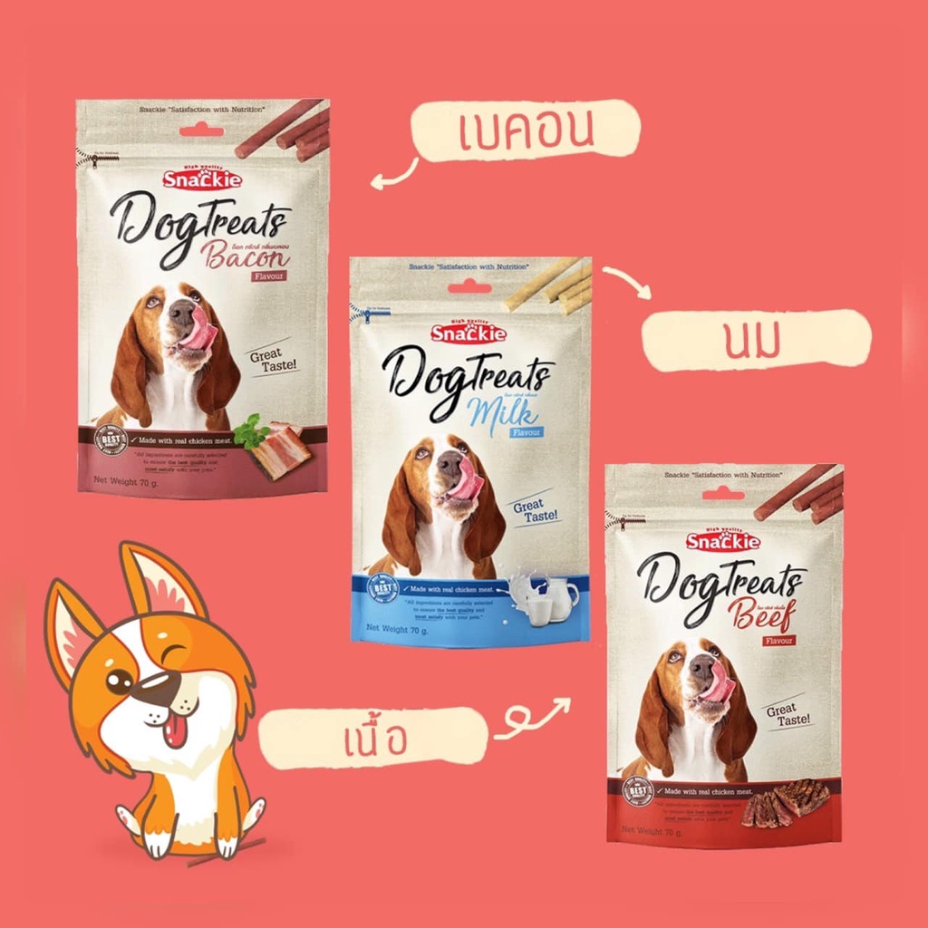 snackie-ขนมหมา-ขนมสุนัข-หอมมาก-น้องหมาชอบ-dog-treat-ขนมหมารสนม-เบค่อน-เนื้อ-70-กรัม-ขนมหมาแพ้ไก่-หมาแพ้โปรตีน