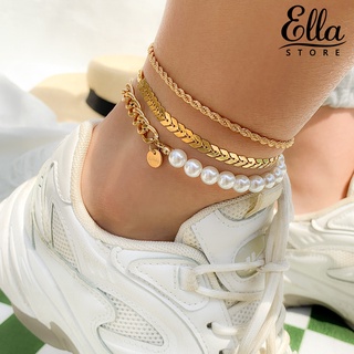 Ellastore123 สร้อยข้อเท้าโซ่ ประดับไข่มุกเทียม หลายชั้น สไตล์วินเทจ เครื่องประดับ สําหรับผู้หญิง 3 ชิ้น