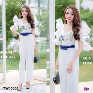 TW10002 Jumpsuit จั๊มสูทขายาวแขนระบายผ้าแก้ว เข้ารูปสวย อกพิมพ์ลายนก ช่วงเอวคาดเป็นเข็มขัดโบว์สีน้ำเงินฟ้า เนื้อผ้าซาร่า