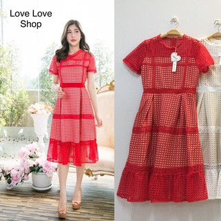 เดรสแดงรับตรุษจีน!!! L-4XL Mini Dress เดรสสีแดงแขนสั้นผ้าถักฉลุลาย งานป้าย Love love