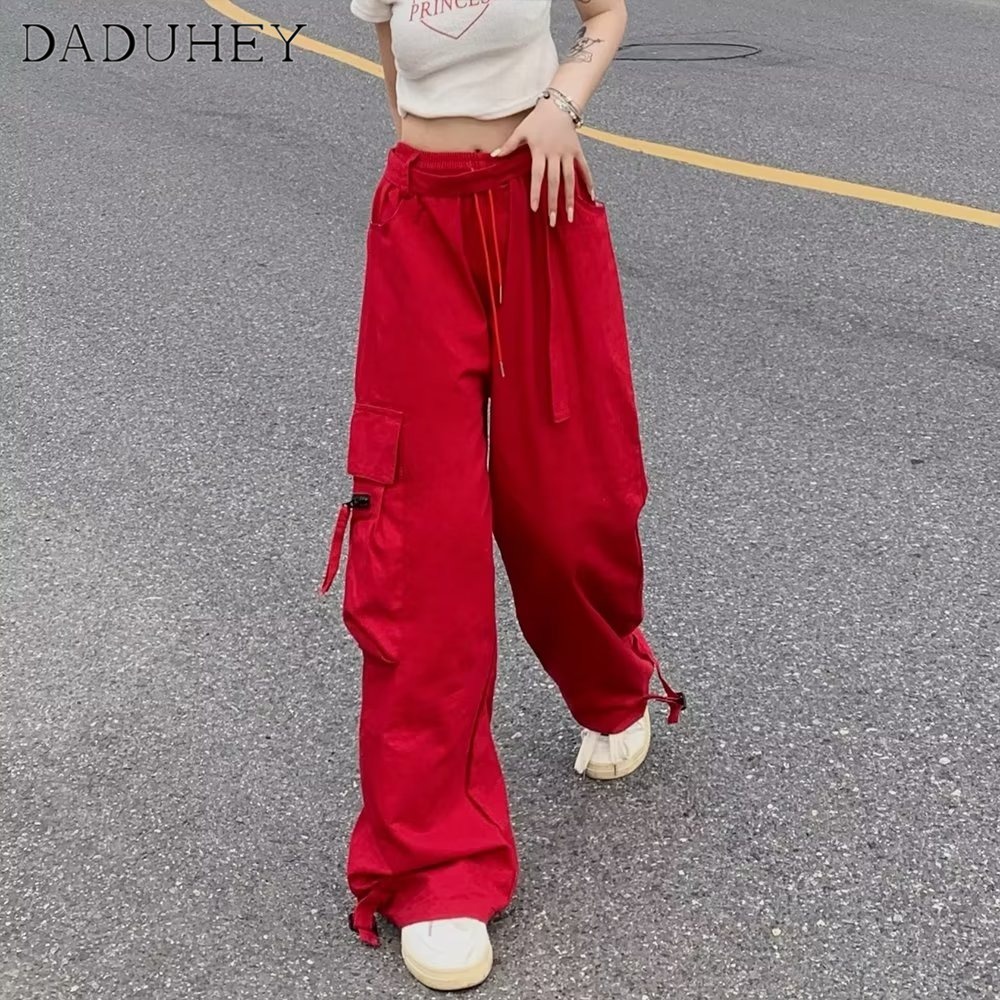 daduhey-กางเกงขายาวผู้หญิง-สีแดง-เชือกผูกเอว-สุดชิค-ขายาว-เอวต่ำ-ทรงหลวม-เสื้อผ้าผู้หญิงสีทึบ