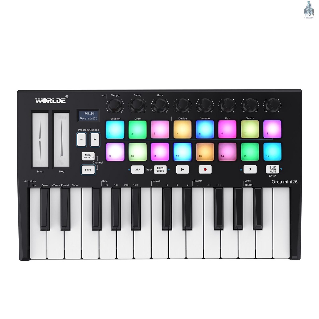 ภาพหน้าปกสินค้าWorlde Orca Mini25 คีย์บอร์ด 25-คีย์ Usb Midi พร้อม 16 Rgb Backlit ทริกเกอร์ Pads 8 Assignable Knobs