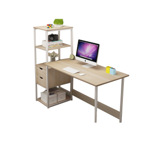 [เหลือ674] HomeHuk โต๊ะทำงาน พร้อมชั้นวางของ 4 ชั้น ลิ้นชัก 2 ช่อง โครงเหล็ก โต๊ะคอม MDF Wooden Desk with 2Drawers & 4T 120cm