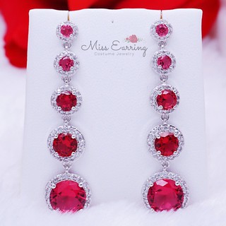 Miss Earring ต่างหู cz ตุ้มหู cz ทรงห้อย พลอยกลม สีแดง อะไหล่สีเงิน น้ำหนักเบา ปราศจากนิเกิ้ล พร้อมส่ง