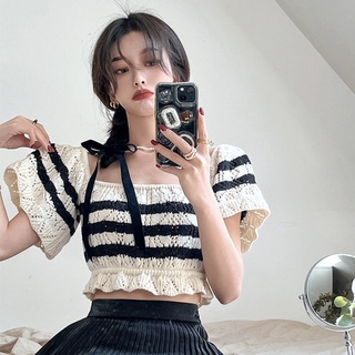 🔥NEW🥨Black Striped Hollow Knit Sweater Womens New Slim Fit Ruffle Short Sleeve Short One Shoulder Top