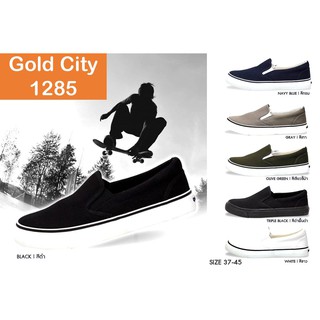 ภาพขนาดย่อของภาพหน้าปกสินค้าGold city 1285 รองเท้าผ้าใบสวมโกลด์ซิตี้ สีดำ/ขาว/เทา/กรม/ดำล้วน ทรงสลิปออน slip on Goldcity โกลซิตี้ ขอบนวม อย่างดี หนา จากร้าน kratipkung บน Shopee