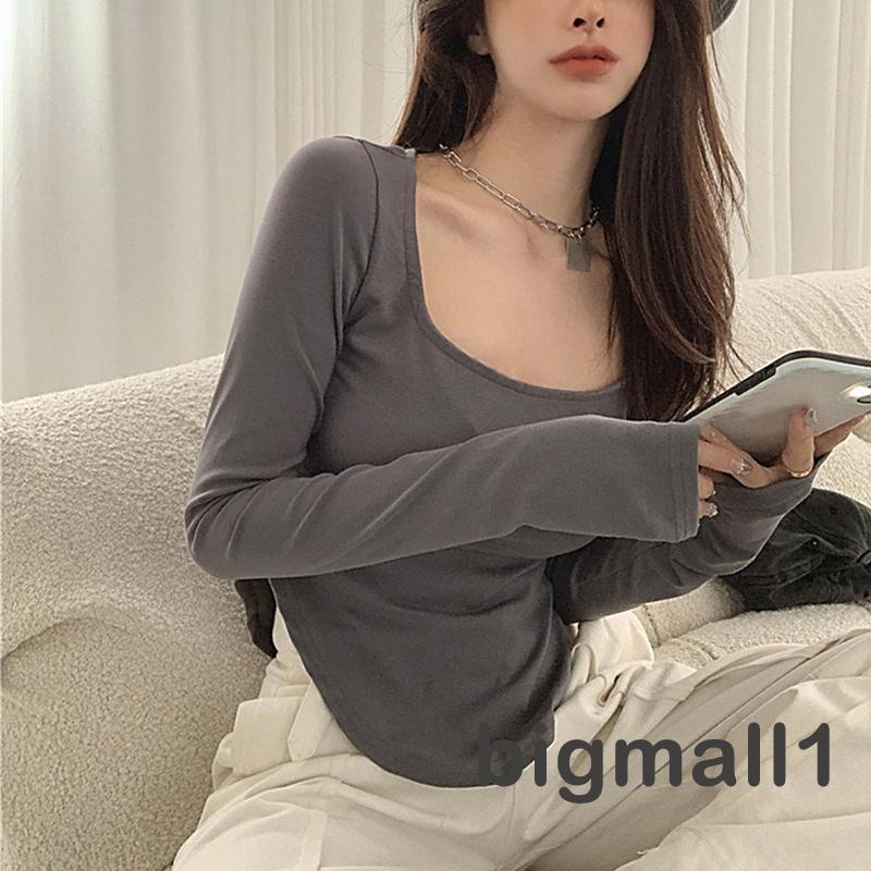 bigmall-เสื้อยืดแขนยาวลําลองแฟชั่นพอดีตัวสําหรับผู้หญิง