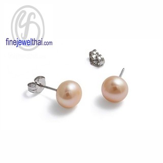 Finejewelthai-ต่างหูมุกสีส้ม ต่างหูเงินแท้ มุกแท้-Orange Freshwater Pearl Silver Stud Earrings-E3056pl_or