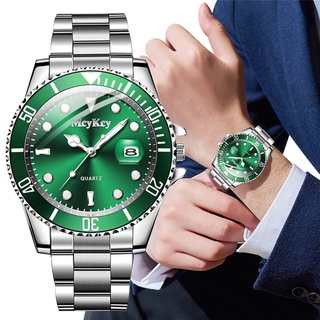 นาฬิกาข้อมือควอตซ์ สายแสตนเลส เรืองแสง กันน้ํา สีเขียว สไตล์นักธุรกิจ สําหรับผู้ชาย