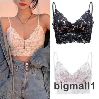 Bigmall- เสื้อชั้นในสตรีสายคล้องสปาเก็ตตี้ลายดอกไม้ลูกไม้ Wirefree Bralette Longline