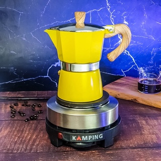 (Kamping) เตาไฟฟ้า และ หม้อต้มกาแฟ สีเหลือง 150 ml. moka pot  หม้ออลูมิเนียม แปดเหลี่ยม เครื่องชงกาแฟ หม้อกาแฟ