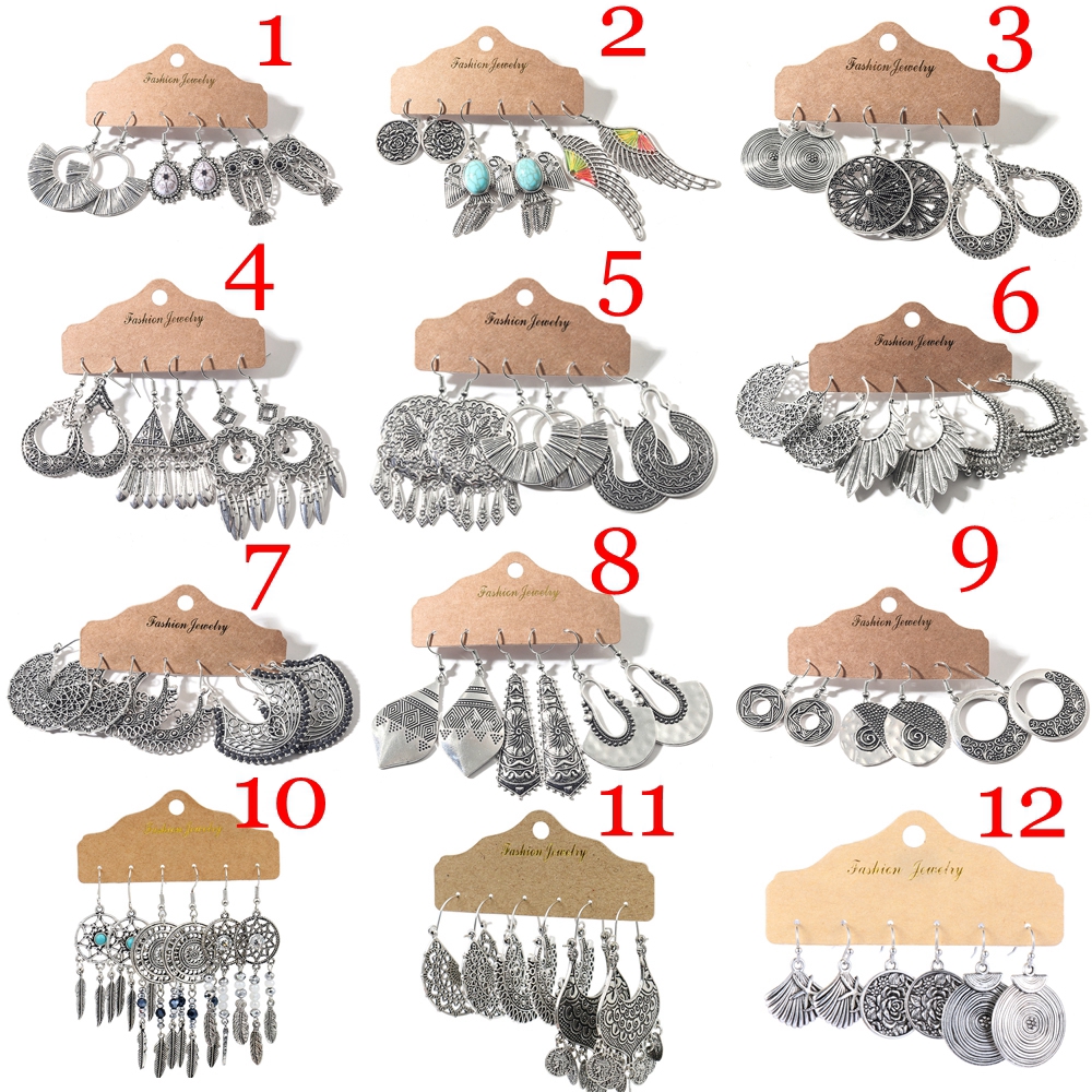 cactu-ชุดเครื่องประดับ-ต่างหู-สไตล์โบโฮโบราณ-สีเงิน-3-คู่
