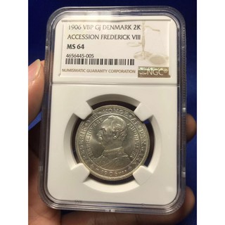 เหรียญเงิน SILVER ปี1906 DENMARK 2 Kroner NGC MS 64 เหรียญเกรด เหรียญต่างประเทศ เหรียญสะสม หายาก