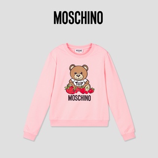 Moschino ใหม่ เสื้อกันหนาว คอกลม แขนยาว พิมพ์ลายหมี สตรอเบอร์รี่ สีพื้น แบบสวมหัว