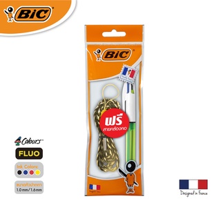[Official Store] BIC บิ๊ก ปากกา 4 Colours FLUO ปากกาลูกลื่น(1.0mm.)+ไฮไลท์สีเหลือง(1.6mm.) (ฟรีสายคล้องคอ)