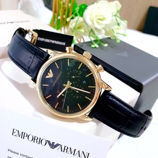 (ผ่อน0%) นาฬิกาชาย Emporio Armani Mens Chronograph Black Leather Watch AR1917 หน้าปัดกลม สีดำ ขนาด 46มม. สายหนังสีดำ