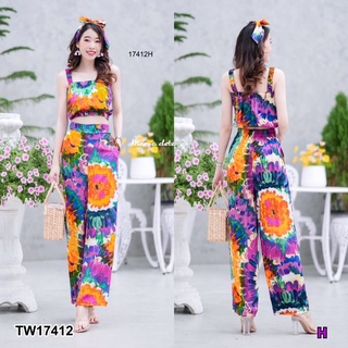 TW17412 Set 2 ชิ้น เสื้อสายเดี่ยวมัดย้อมเอวจั้ม ใส่ยางสม๊อครอบอก + กางเกงขายาว มีกระเป๋าล้วง งานผ้าสปันพิมลาย