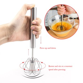 ตะกร้อตีไข่ ที่ตีไข่ ตีฟอง ผสมอาหาร แบบมือกด ที่ตีไข่กึ่งอัตโนมัติ 25.5*6ซมPush Down Whisk เครื่องทำฟองน ที่ตีไข่สแตนเลส