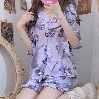 Kawaii ชุดนอน เสื้อแขนสั้น กางเกงขาสั้น ลายการ์ตูนแมวคุโรมิ ทรงหลวม เหมาะกับฤดูร้อน สําหรับผู้หญิง สองชิ้น