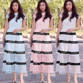 &lt;TW9105&gt;Maxi Dress แม็กซี่เดรสแขนกุด ทรงคลุมไหล่ งานลูกไม้ฉลุทั้งตัว งานสวยหรู ลุคคุณหนูสุดๆ