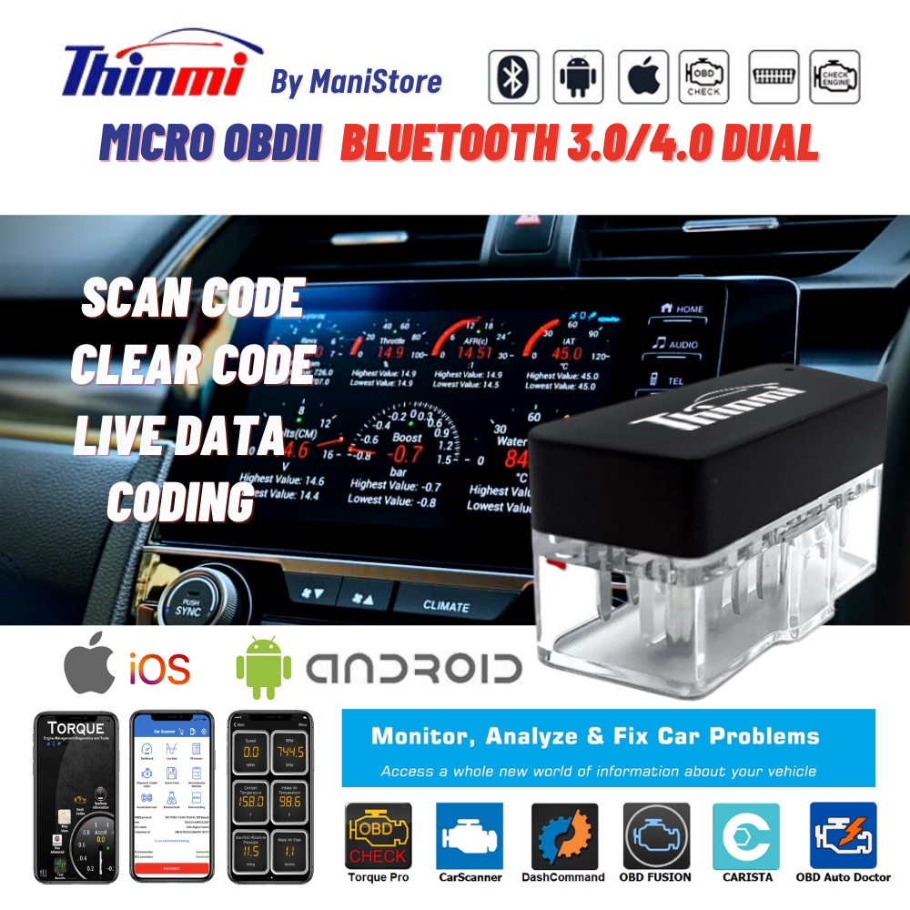 ภาพหน้าปกสินค้าThinmi Micro OBD2 Bluetooth 3.0/4.0 (Dual Mode) Support iOS / Android Auto Diagnostic Scanner Tool