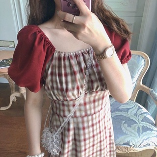 akaqi💘เดรส💘First Love Tea Break ฝรั่งเศส Retro Little Red Plaid Square คอชุดใหม่ฤดูร้อนใหม่ 2021