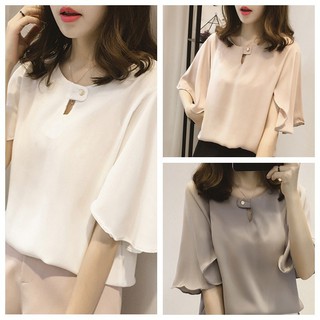 เสื้อชีฟองคอกลมครึ่งแขน ทรงหลวม สำหรับผู้หญิง