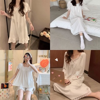 ***พร้อมส่ง*** ชุดนอนผู้หญิงผ้ายืด ผ้านุ่ม คอตุ๊กตา สีขาว แขนตุ๊กตา  ฟรีไซส์ 4 แบบ 4 สไตล์ ลุคคุณหนูๆ สดใส น่ารักๆ