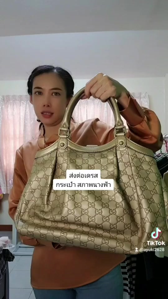 กระเป๋า-gucci-มือสอง-ของแท้-sukey-leather-tote-bag-211944-gg-canvas-handbag-beige-สภาพ-90