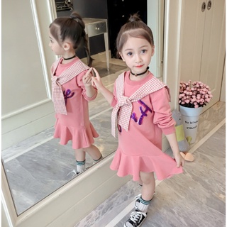 เดรสเด็กผู้หญิง สไตล์เกาหลี เดรสเสื้อแขนยาวสีชมพู แต่งผ้าพันคอลายสก็อต ผ้าหนานุ่ม ใส่กันหนาวได้ค่ะ GS112