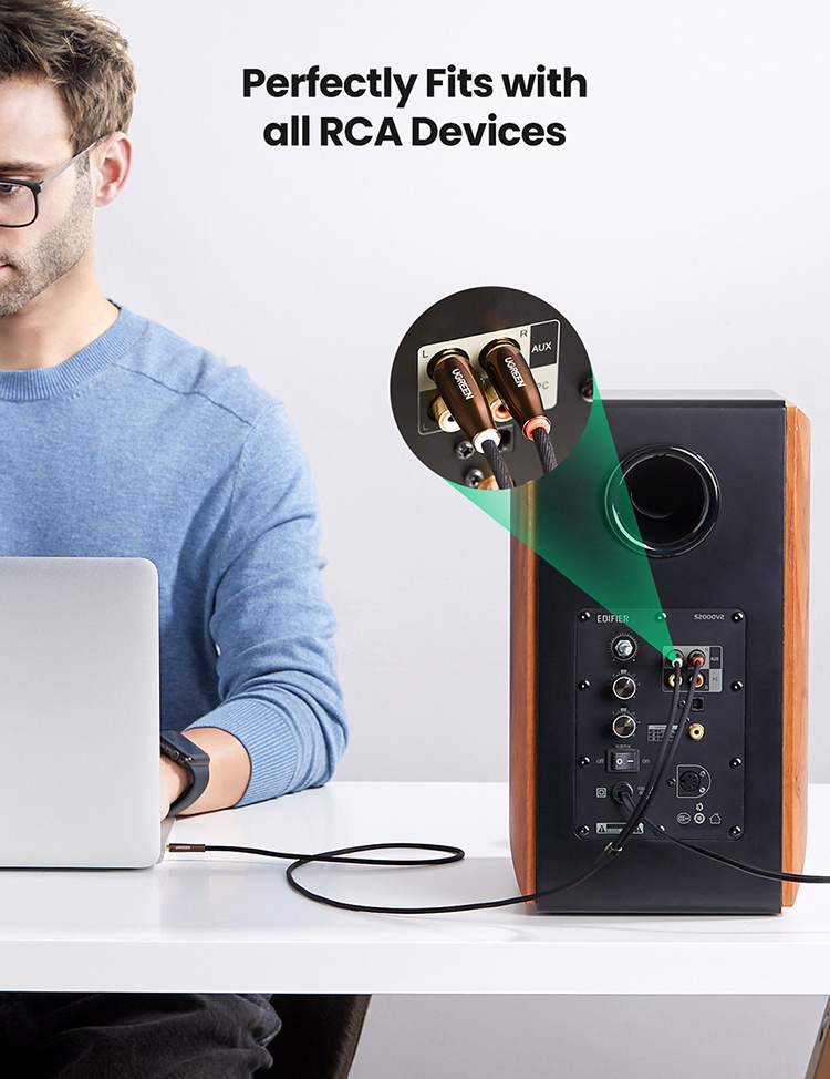 ข้อมูลเพิ่มเติมของ UGREEN RCA สายเคเบิลไนลอนถัก 2RCA ต่อ 3.5 มม. Hi-Fi RCA ต่อ AUX สําหรับ DJ Controller ลําโพง เครื่องเสียงสเตอริโอรถยนต์