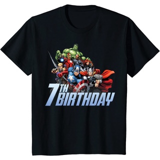 เสื้อยืดผ้าฝ้ายพรีเมี่ยม เสื้อยืด พิมพ์ลาย Marvel Avengers Action Shot 7th Birthday สําหรับผู้ชาย