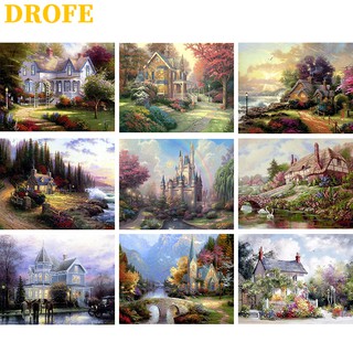 DROFE ภาพวาดระบายสีตามตัวเลข DIY ลายภูมิทัศน์ชนบท สำหรับตกแต่งบ้าน ขนาด 50X40 ซม.