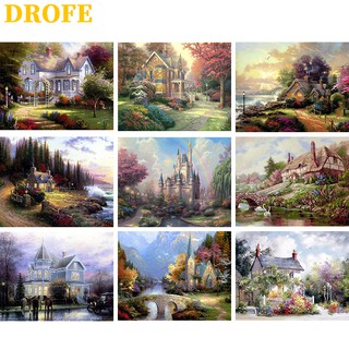 DROFE ภาพวาดระบายสีตามตัวเลข DIY ลายภูมิทัศน์ชนบท สำหรับตกแต่งบ้าน ขนาด 50X40 ซม.