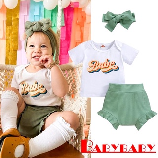 Babybaby- เสื้อยืดคอกลม พิมพ์ลายตัวอักษร + กางเกงขาสั้น ยาง + ผ้าโพกศีรษะ สําหรับเด็กผู้หญิง
