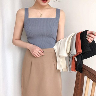 ELAND_SHOPเสื้อกล้ามผ้าร่อง สีพื้น สไตล์เกาหลี แฟชั่นสตรี เสื้อสายเดี่ยว