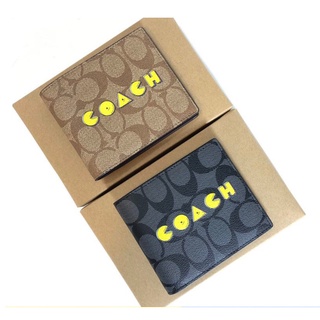 Coach F75910 F75912 ID กระเป๋าสตางค์ Bifold Signature Canvas w/Pacman Mens Crop Folding Wallet Dompet Lelaki กระเป๋าสตา