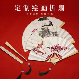 พัดจีน*พัด* HAND-Painted folding Fan Deyun Society Bai Yuzhu with Fan pendant Xuan Paper Fan handmade calligraphy และภาพ