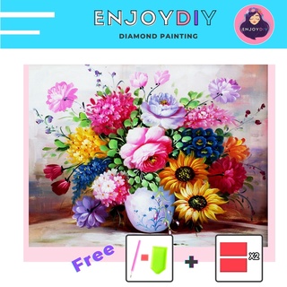 ครอสติสคริสตัล 5d diy diamond painting แบบเม็ด ลาย แจกันดอกไม้หลากสี ติดเต็ม เม็ดกลม EnjoyDIY พร้อมส่งจากไทย