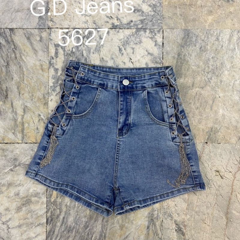 5627-g-d-jeans-ยีนส์ขาสั้นผ้ายืด-เอวสูง-สียีนส์ฟ้า-ต่อตาไก่ข้างแบบเก๋ๆ